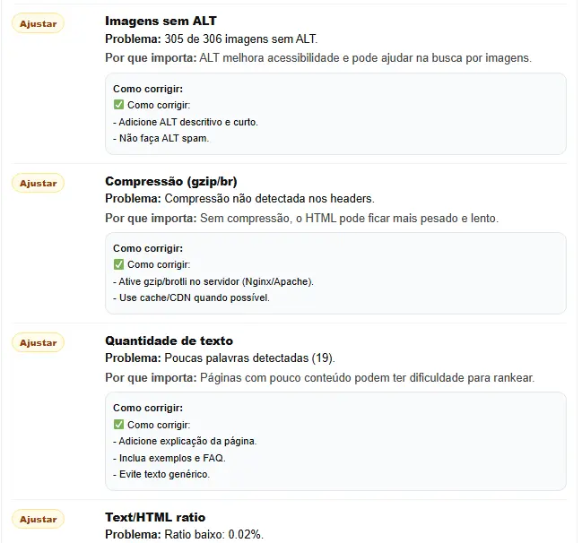 Checklist de SEO com problemas detectados e ações recomendadas