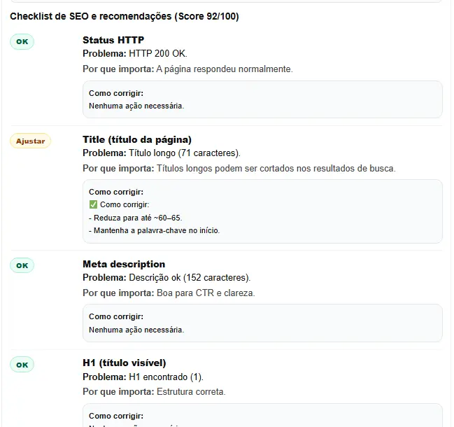 Relatório de análise de sites em tempo real grátis com score e checklist de SEO