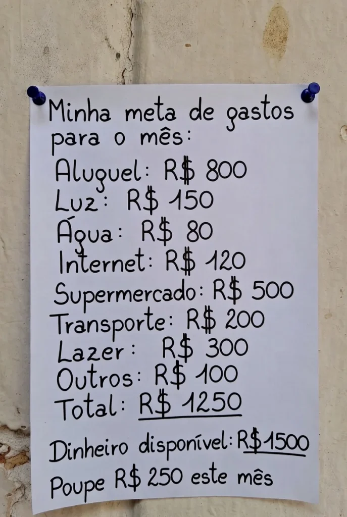 Pessoa anotando gastos mensais com extrato bancário e calculadora